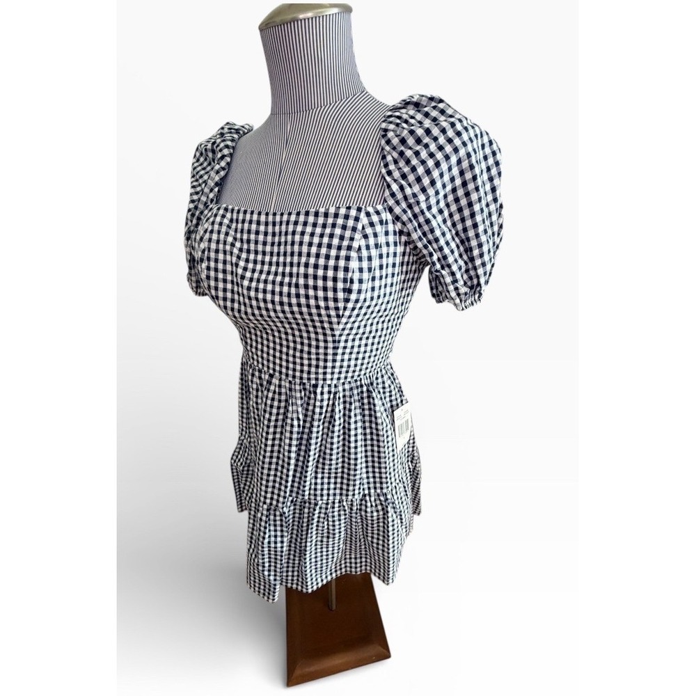 NWT B. Smart Gingham Square Neck Puff Sleeve Tiered Mini Dress Black White